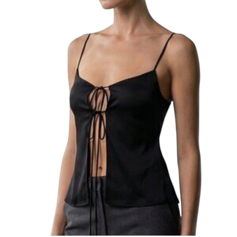 Rumored Edelweiss Black Satin Tie Front Cami Top L NWT Coquette Chic Sexy Night